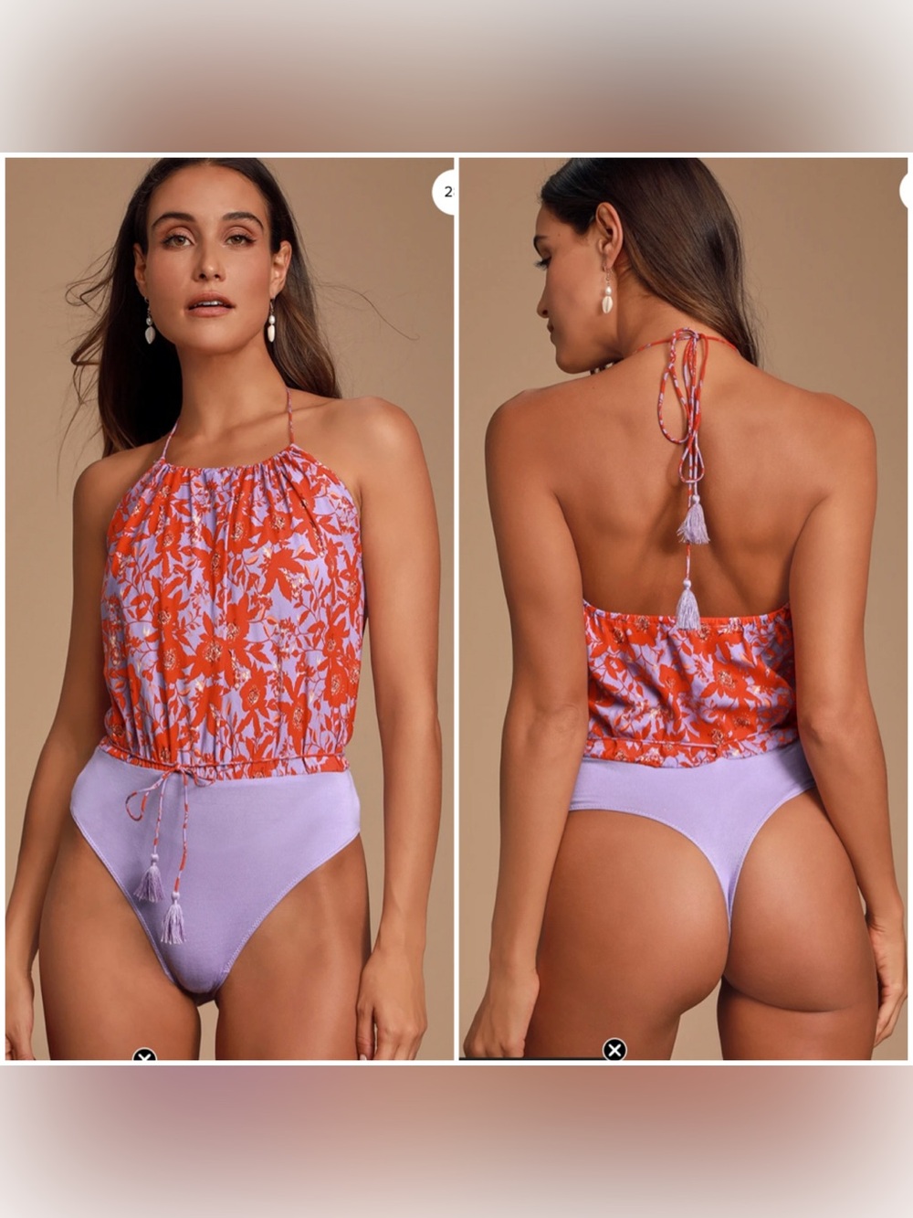 Liza Purple Multi Floral Print Halter Bodysuit